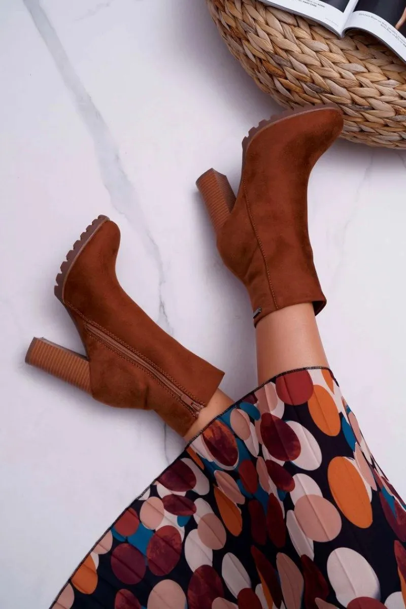 Discount Botki Damskie na Słupku Zamszowe Camel Cadillac Damskie Botki Na Słupku|Brązowe I Beżowe Botki