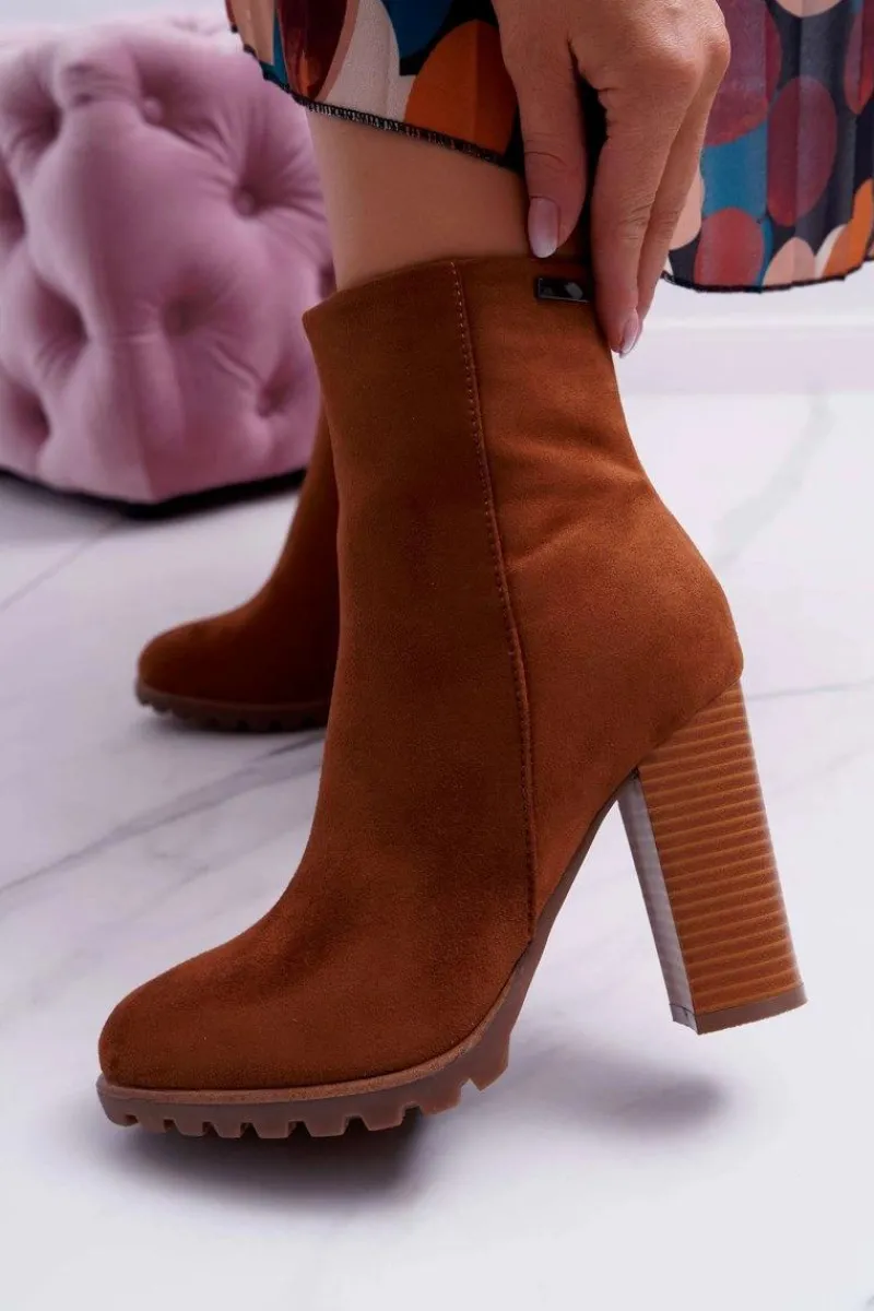 Discount Botki Damskie na Słupku Zamszowe Camel Cadillac Damskie Botki Na Słupku|Brązowe I Beżowe Botki