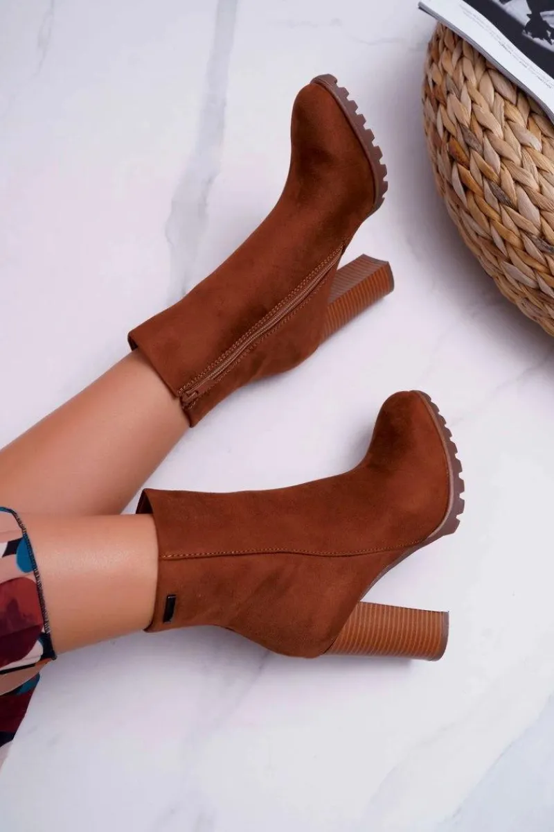 Discount Botki Damskie na Słupku Zamszowe Camel Cadillac Damskie Botki Na Słupku|Brązowe I Beżowe Botki