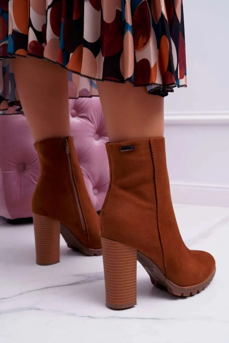 Discount Botki Damskie na Słupku Zamszowe Camel Cadillac Damskie Botki Na Słupku|Brązowe I Beżowe Botki