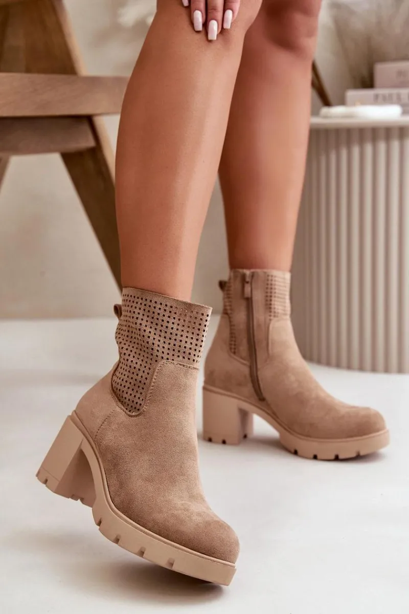 Botki Ocieplane|Botki Ażurowe>Boto Botki Damskie Na Słupku Zapinane Na Zamek Eko Zamszowe Beżowe Rashmi Beżowy