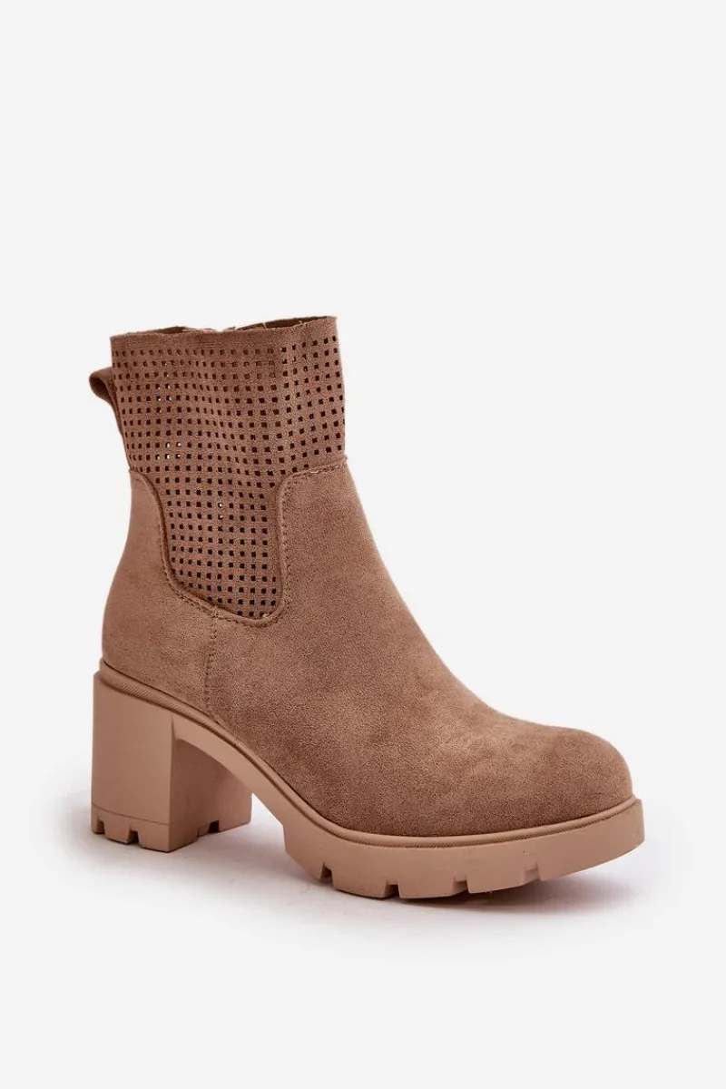 Botki Ocieplane|Botki Ażurowe>Boto Botki Damskie Na Słupku Zapinane Na Zamek Eko Zamszowe Beżowe Rashmi Beżowy