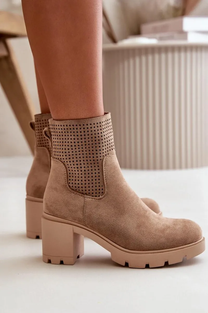 Botki Ocieplane|Botki Ażurowe>Boto Botki Damskie Na Słupku Zapinane Na Zamek Eko Zamszowe Beżowe Rashmi Beżowy