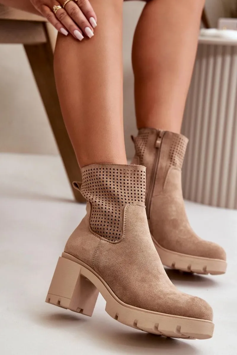 Botki Ocieplane|Botki Ażurowe>Boto Botki Damskie Na Słupku Zapinane Na Zamek Eko Zamszowe Beżowe Rashmi Beżowy
