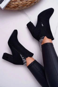 New Botki Damskie na Słupku Zamszowe Czarne Jollow Damskie Botki Na Słupku|Botki Zimowe Damskie