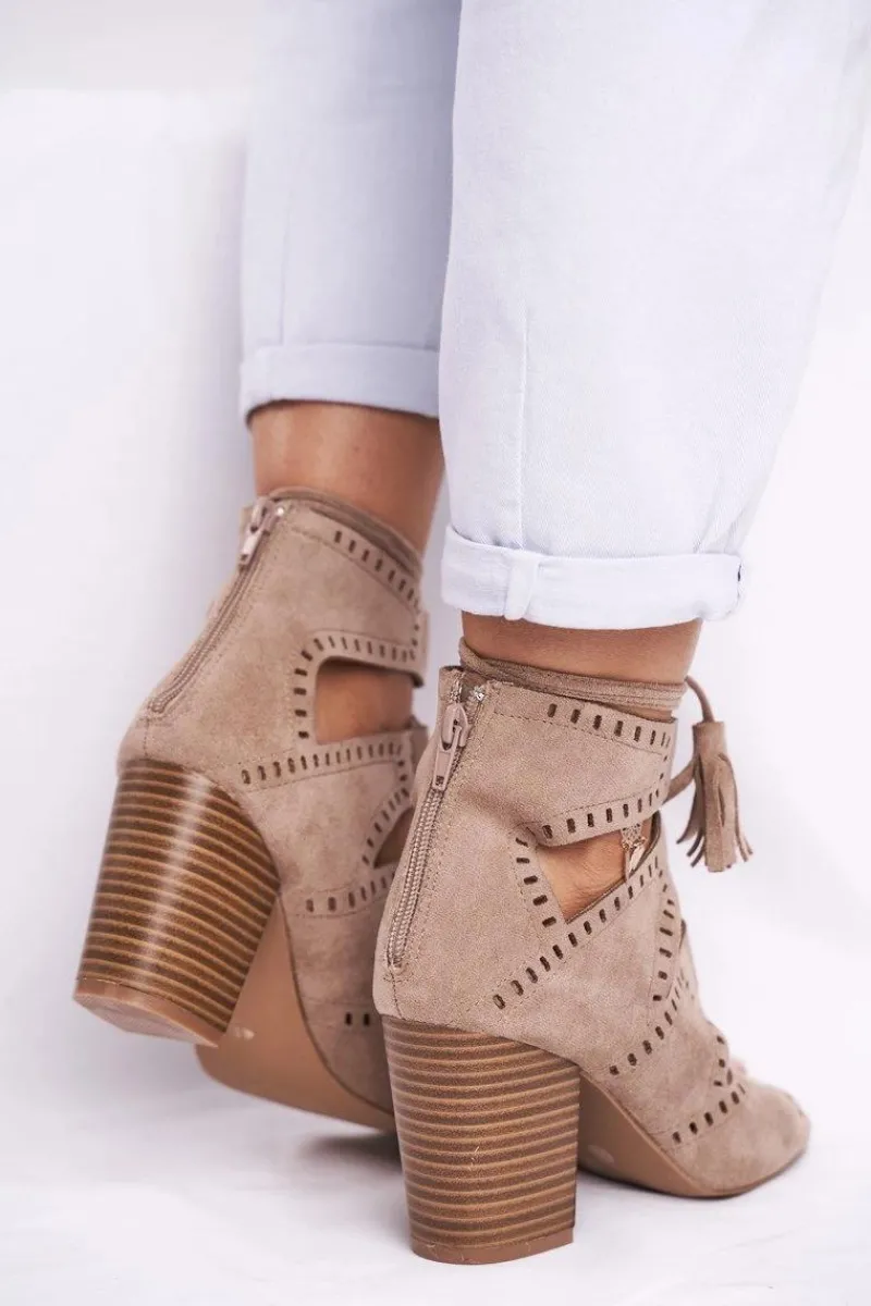 Online Botki Damskie Na Słupku Zamszowe Odkryte Beżowe Empty Damskie Botki Wiosenne|Botki Sznurowane