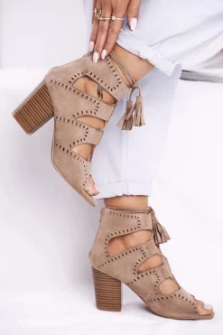 Online Botki Damskie Na Słupku Zamszowe Odkryte Beżowe Empty Damskie Botki Wiosenne|Botki Sznurowane