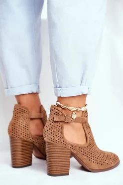 Sale Botki Damskie Na Słupku Zamszowe Ażurowe Camel Morrena Damskie Botki Wiosenne|Botki Na Słupku