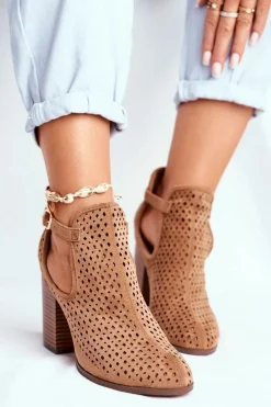 Sale Botki Damskie Na Słupku Zamszowe Ażurowe Camel Morrena Damskie Botki Wiosenne|Botki Na Słupku