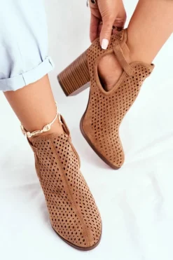 Sale Botki Damskie Na Słupku Zamszowe Ażurowe Camel Morrena Damskie Botki Wiosenne|Botki Na Słupku