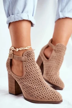 Outlet Boto Botki Damskie Na Słupku Zamszowe Ażurowe Beżowe Morrena