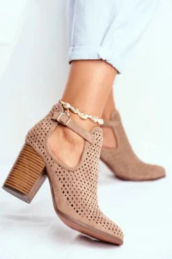 Outlet Boto Botki Damskie Na Słupku Zamszowe Ażurowe Beżowe Morrena