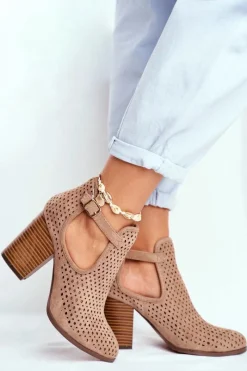 Outlet Boto Botki Damskie Na Słupku Zamszowe Ażurowe Beżowe Morrena