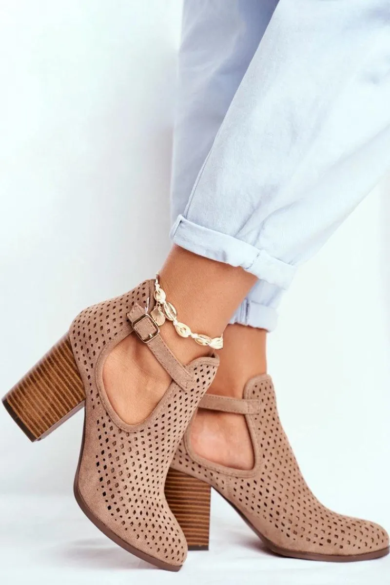 Outlet Boto Botki Damskie Na Słupku Zamszowe Ażurowe Beżowe Morrena