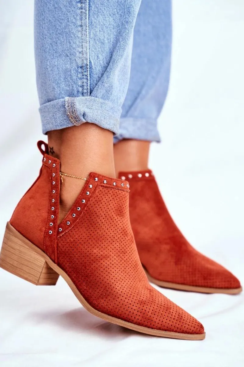 Outlet Boto Botki Damskie Na Słupku Zamszowe Ażurowe Pomarańczowe Margate