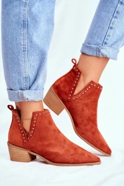 Outlet Boto Botki Damskie Na Słupku Zamszowe Ażurowe Pomarańczowe Margate