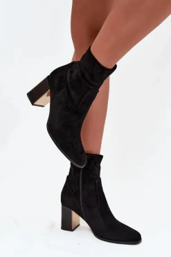 New Boto Botki Damskie Na Słupku Ze Złotym Elementem Ocieplane Czarne Amelisse