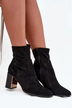 New Boto Botki Damskie Na Słupku Ze Złotym Elementem Ocieplane Czarne Amelisse