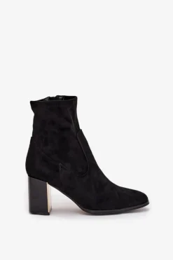 New Boto Botki Damskie Na Słupku Ze Złotym Elementem Ocieplane Czarne Amelisse