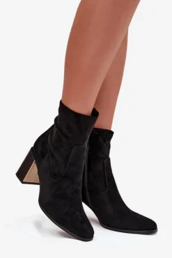 New Boto Botki Damskie Na Słupku Ze Złotym Elementem Ocieplane Czarne Amelisse