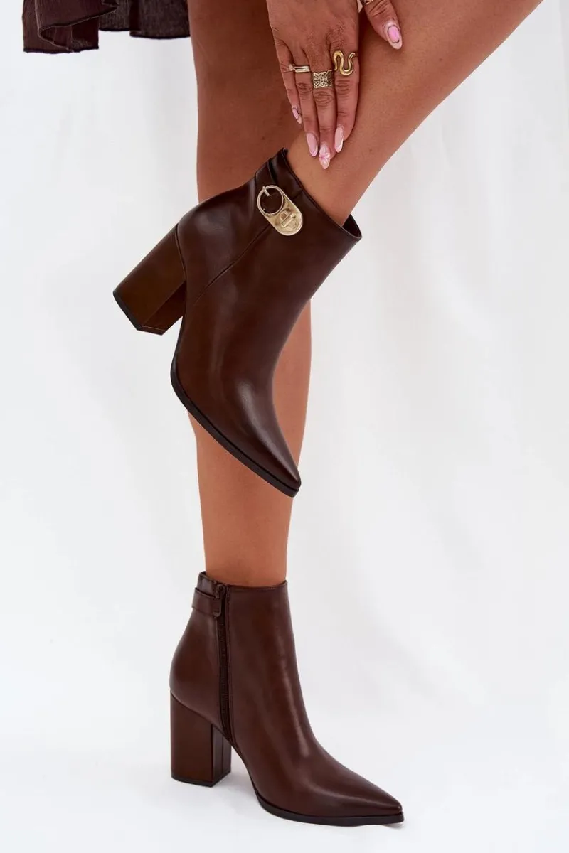 Outlet Botki Damskie Na Słupku Ze Złotym Detalem Czekoladowe Tharina Damskie Botki Ocieplane|Botki Na Słupku