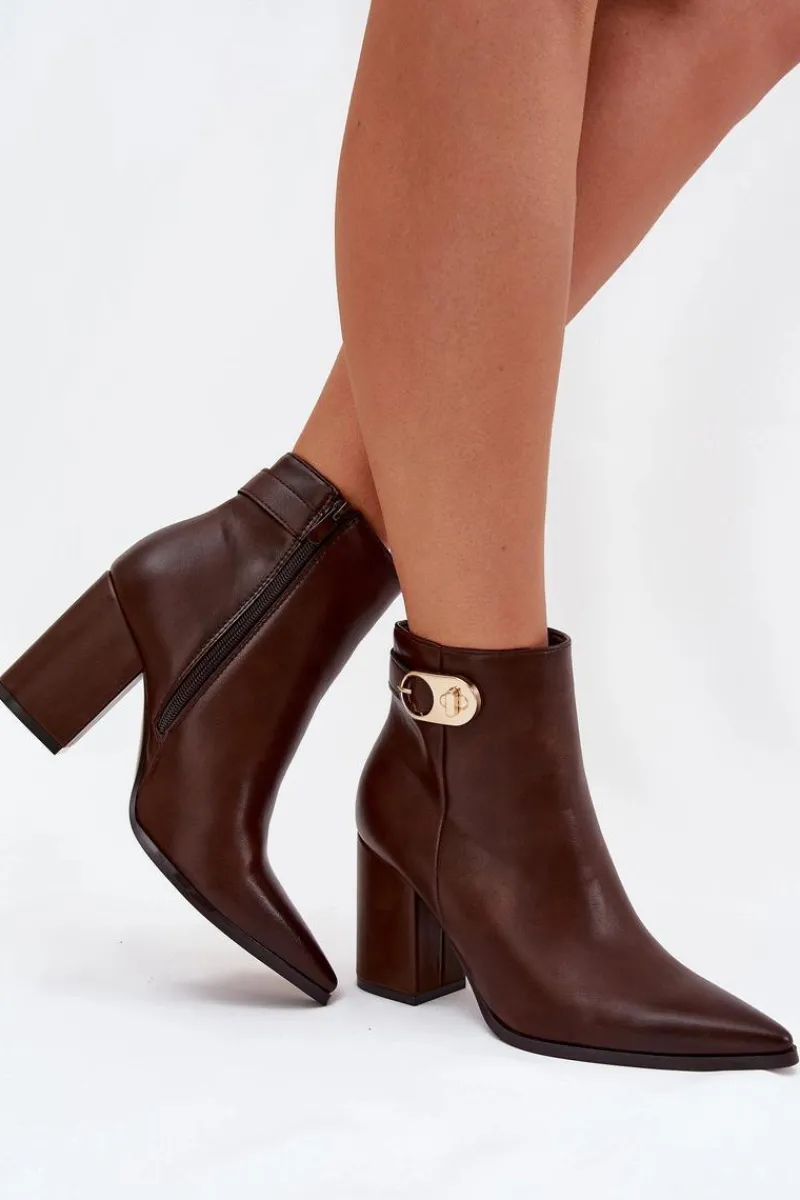 Outlet Botki Damskie Na Słupku Ze Złotym Detalem Czekoladowe Tharina Damskie Botki Ocieplane|Botki Na Słupku