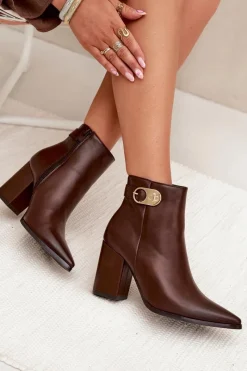 Outlet Botki Damskie Na Słupku Ze Złotym Detalem Czekoladowe Tharina Damskie Botki Ocieplane|Botki Na Słupku