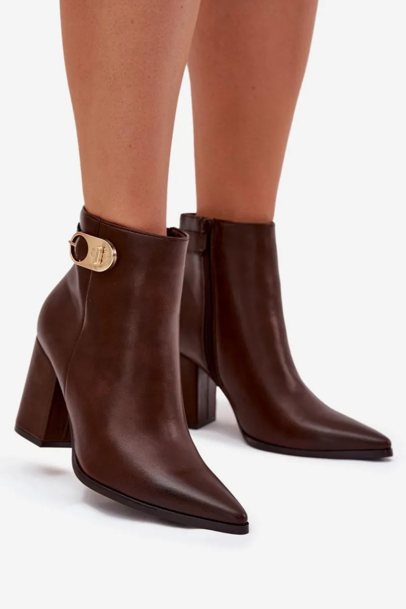 Outlet Botki Damskie Na Słupku Ze Złotym Detalem Czekoladowe Tharina Damskie Botki Ocieplane|Botki Na Słupku