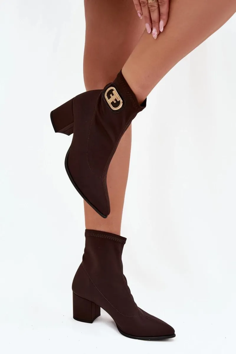 Discount Botki Damskie Na Słupku Ze Złotym Detalem 3128 Czekoladowe Damskie Botki Na Słupku|Brązowe I Beżowe Botki