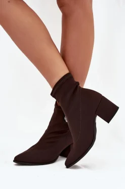 Discount Botki Damskie Na Słupku Ze Złotym Detalem 3128 Czekoladowe Damskie Botki Na Słupku|Brązowe I Beżowe Botki