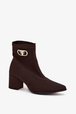 Discount Botki Damskie Na Słupku Ze Złotym Detalem 3128 Czekoladowe Damskie Botki Na Słupku|Brązowe I Beżowe Botki