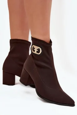 Discount Botki Damskie Na Słupku Ze Złotym Detalem 3128 Czekoladowe Damskie Botki Na Słupku|Brązowe I Beżowe Botki