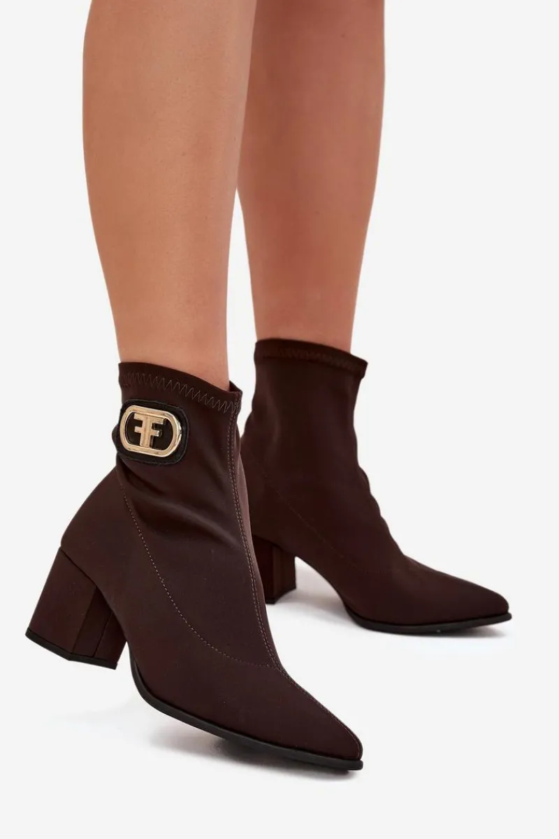 Discount Botki Damskie Na Słupku Ze Złotym Detalem 3128 Czekoladowe Damskie Botki Na Słupku|Brązowe I Beżowe Botki