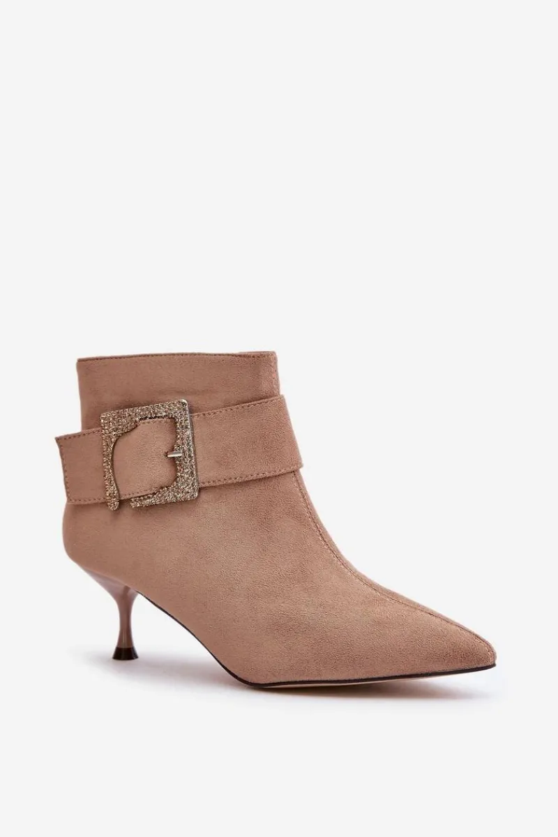 Botki Na Obcasie|Botki Zamszowe>Boto Botki Damskie Na Szpilce Z Ozdobną Klamrą Beżowe Nirilis Beżowy