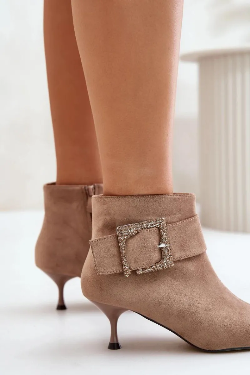 Botki Na Obcasie|Botki Zamszowe>Boto Botki Damskie Na Szpilce Z Ozdobną Klamrą Beżowe Nirilis Beżowy