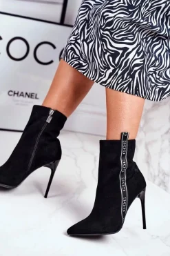 GOE Botki Damskie Na Szpilce Zamszowe Czarne GG2N3005