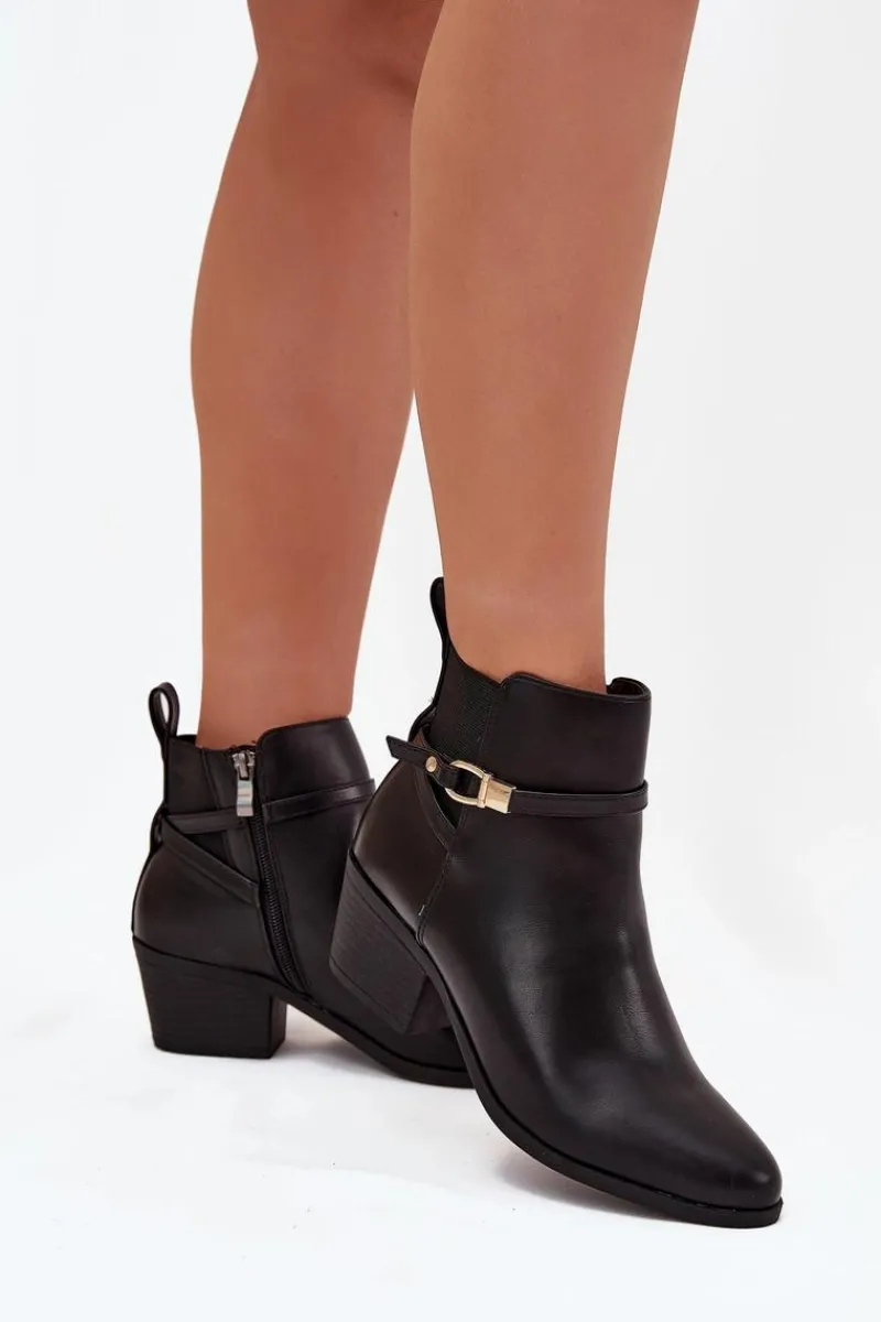 New Boto Botki Damskie Na Zamek Z Paseczkiem I Złotym Detalem Czarne Zelinae Czarny