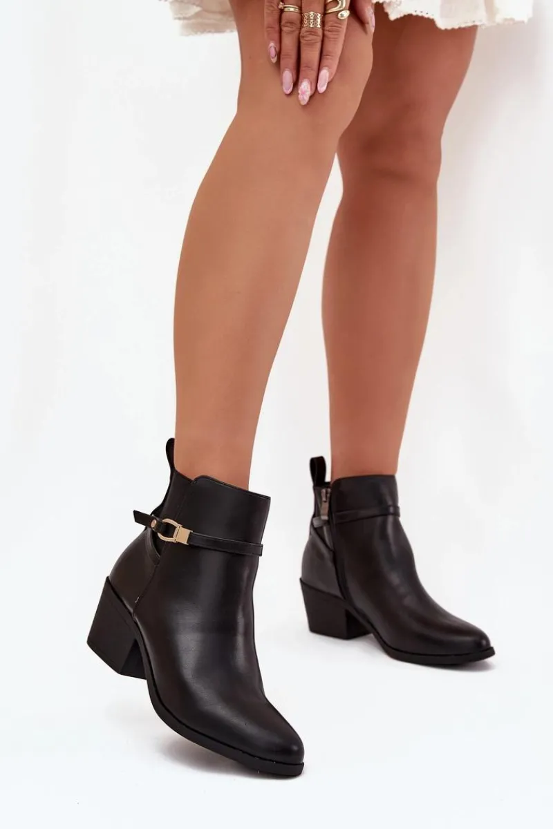 New Boto Botki Damskie Na Zamek Z Paseczkiem I Złotym Detalem Czarne Zelinae Czarny