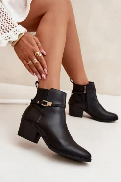 New Boto Botki Damskie Na Zamek Z Paseczkiem I Złotym Detalem Czarne Zelinae Czarny