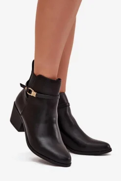 New Boto Botki Damskie Na Zamek Z Paseczkiem I Złotym Detalem Czarne Zelinae Czarny
