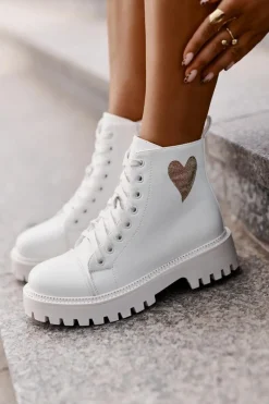 Online Botki Damskie Na Zamek Z Ozdobnym Sercem Białe Obeena Damskie Botki Sznurowane|Czarne Botki