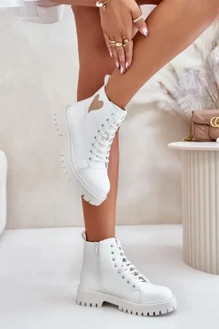 Online Botki Damskie Na Zamek Z Ozdobnym Sercem Białe Obeena Damskie Botki Sznurowane|Czarne Botki