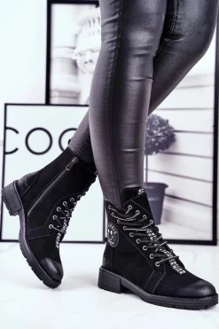 Best Botki Damskie Ocieplane Czarne Aspen Damskie Botki Sznurowane|Czarne Botki