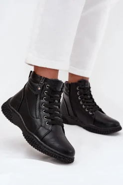 New Botki Damskie Ocieplane Futerkiem Z Eko Skóry Czarne Ulverina Damskie Botki Ocieplane|Damskie Trapery