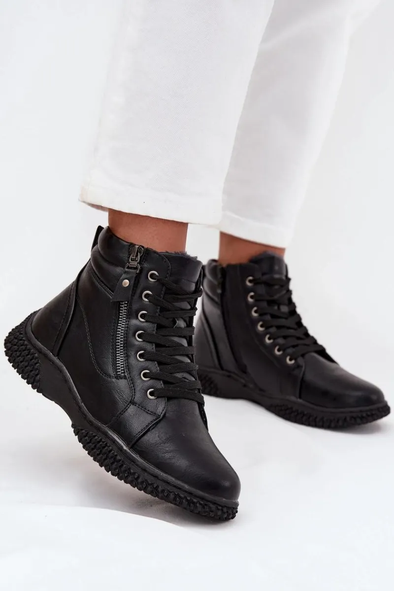 New Botki Damskie Ocieplane Futerkiem Z Eko Skóry Czarne Ulverina Damskie Botki Ocieplane|Damskie Trapery