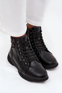 New Botki Damskie Ocieplane Futerkiem Z Eko Skóry Czarne Ulverina Damskie Botki Ocieplane|Damskie Trapery