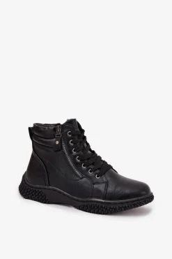 New Botki Damskie Ocieplane Futerkiem Z Eko Skóry Czarne Ulverina Damskie Botki Ocieplane|Damskie Trapery