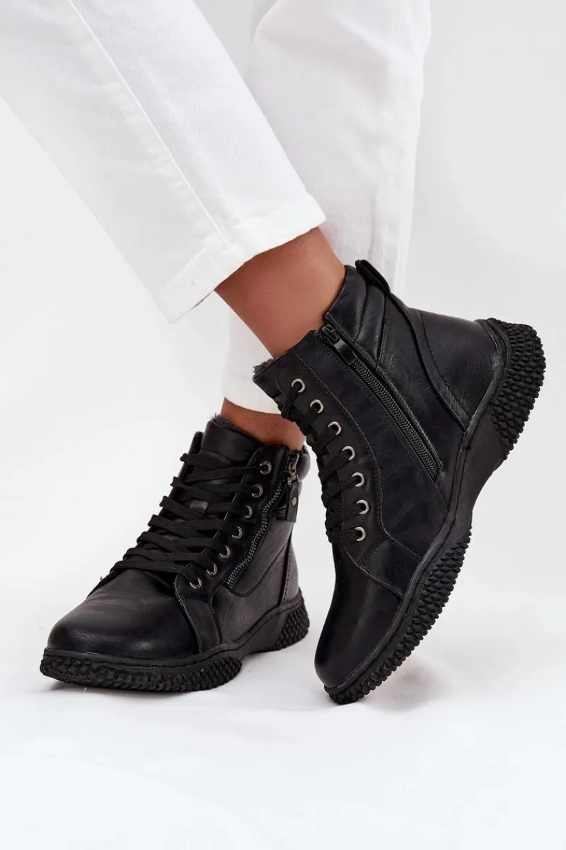 New Botki Damskie Ocieplane Futerkiem Z Eko Skóry Czarne Ulverina Damskie Botki Ocieplane|Damskie Trapery