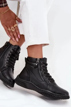 New Botki Damskie Ocieplane Futerkiem Z Eko Skóry Czarne Ulverina Damskie Botki Ocieplane|Damskie Trapery