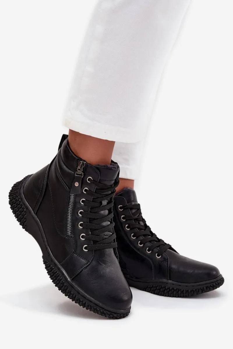 New Botki Damskie Ocieplane Futerkiem Z Eko Skóry Czarne Ulverina Damskie Botki Ocieplane|Damskie Trapery